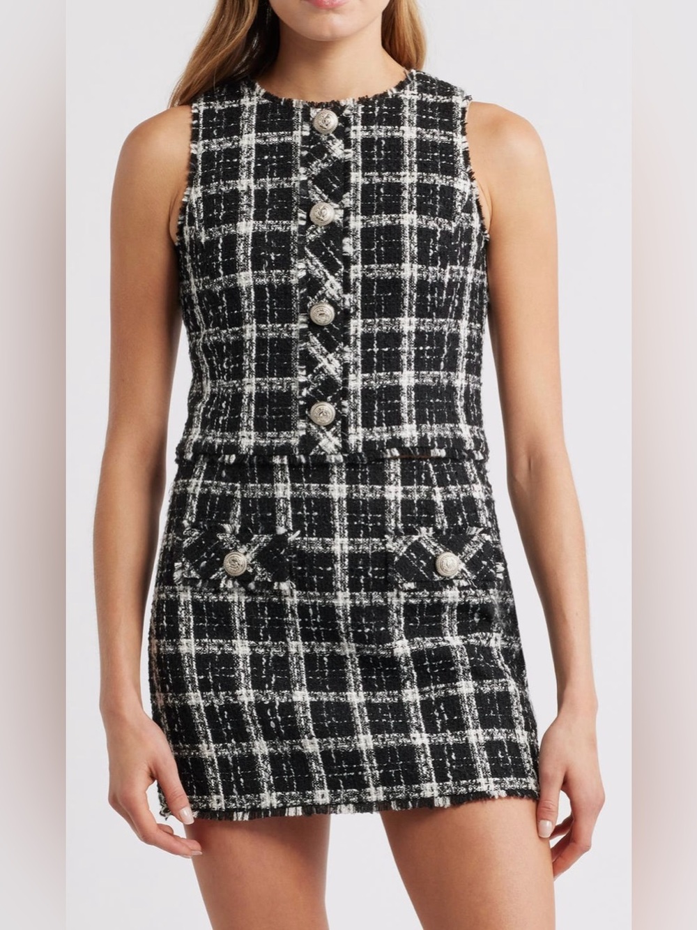 French Connection Windowpane Tweed Crop Top in black/white